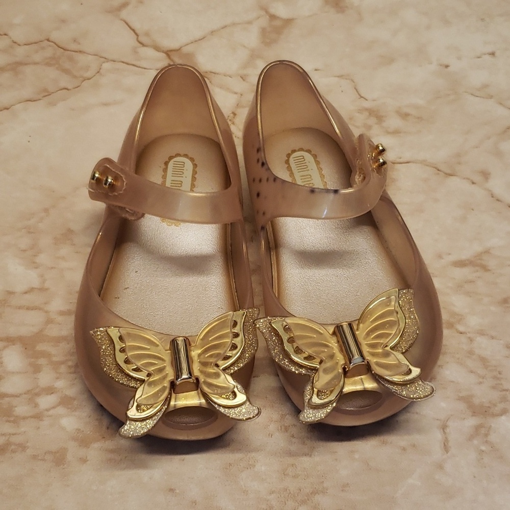 Mini Melissa gold peep toe butterfly Mary Jane shoes size 6